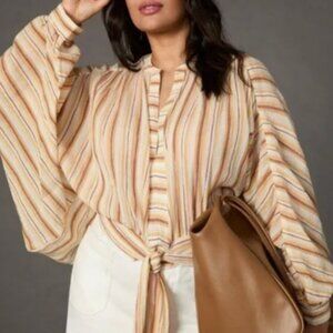 Anthropologie Top Striped Yellow Batwing Sleeve Tie Front Oversized Boho XL